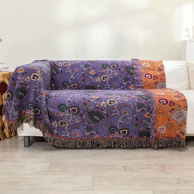 Boho Throw Blanket for Bed,100% Ultra Cotton Soft Breathable Bed Throw Floral Printed Farmhouse Decor Rustic Bed Throws for Couch Sofa Quilt Purple Flowers 60" x 80"-Ruum Studio Home