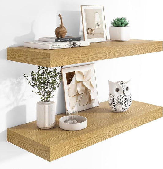 Heimlove 12" Deep Floating Shelves, 36 x 12 Inch Wall Mounted Long Floating Shelf with Invisible Brackets, for Home Decor, Bedroom, Kitchen, Living Room, Bathroom - 2 Pack, Oak-Ruum Studio Home