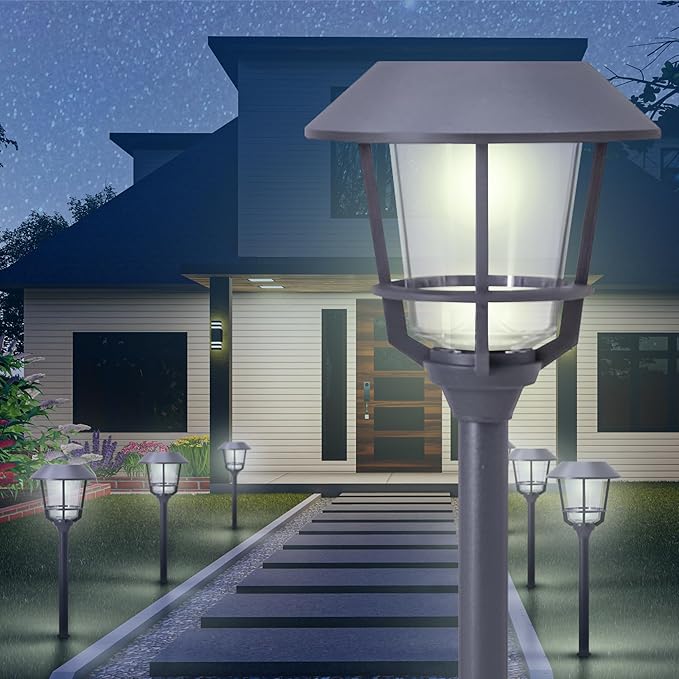 Solar LED Path Lights 4 Pack – 12 Lumens, Warm White, Weathered Zinc, Stainless Steel, Solar Powered, Weather-Resistant Outdoor Lighting for Walkway, Garden, Patio, Sidewalk-Ruum Studio Home