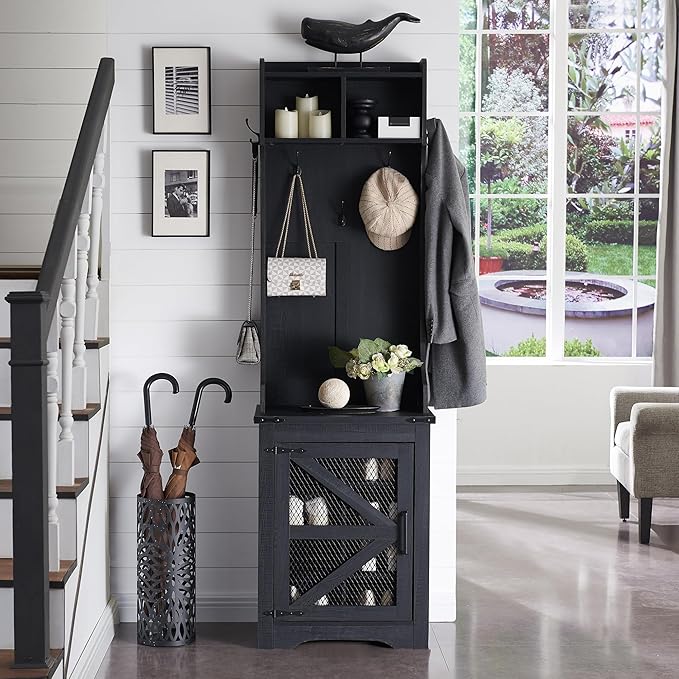JXQTLINGMU 23" Farmhouse Hall Tree with Shoe Storage, Entryway Bench with 6 Cubbies, 5 Hooks & Barn Doors, Mudroom Coat Rack Cabinet, Black-Ruum Studio Home