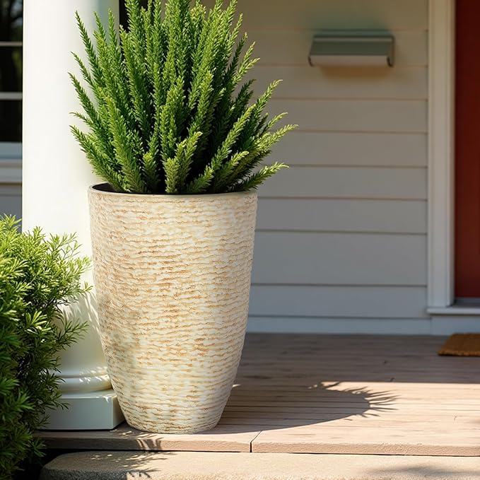 Worth 9 Gallon Tall Round Planters Set of 2-14" Dia x 21" H Stone Finish Flower Pots Indoor Decorative Container Garden Patio Unbreakable Beige-Ruum Studio Home