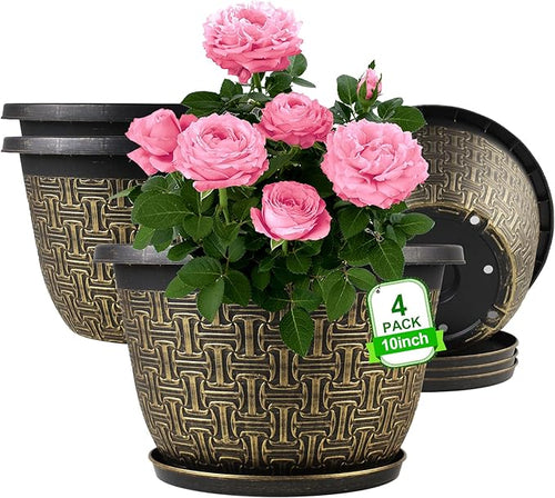 10 Inch Plant Pots, 4 Pack Flower Pots Outdoor with Drainage Holes & Trays, Retro Antique Imitation Decorative Garden Plastic Pots for Plants Indoor Sets for Houseplants-Ruum Studio Home