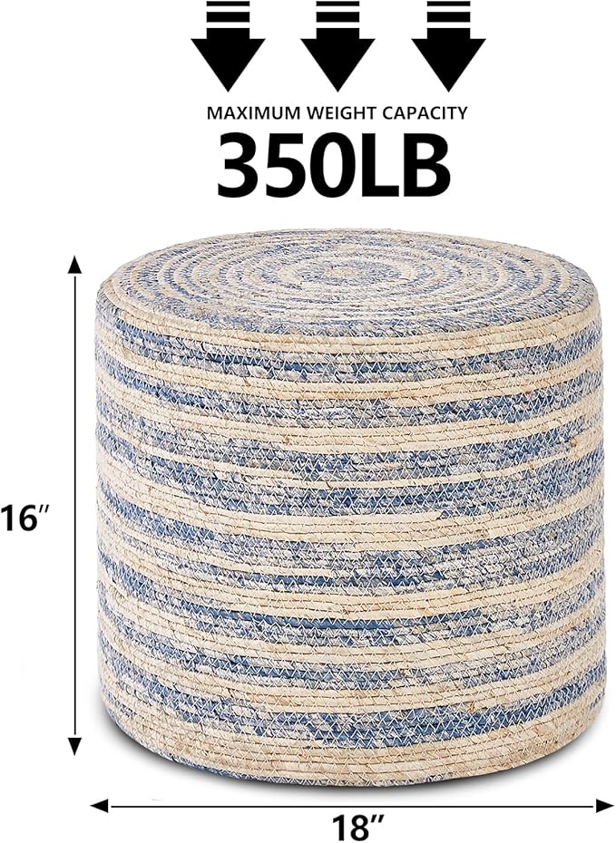 Wimarsbon 18'' Ottoman Pouf, Natural Braided Poof, Rustic Handweave Lounge Pouffe, Boho Footrest Stool for Bedroom, Accent Table for Living Room (Blue Corn Husk)-Ruum Studio Home