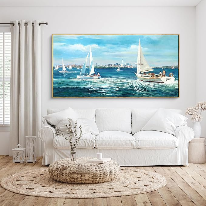 XLSJERST Large Blue Canvas Wall Art Seascape Painting - Landscape Picture Textured Navy Modern Sailboat Ocean Artwork Framed for Living Room Bedroom Bathroom Home Office Wall Decor Large Size 24"x48"-Ruum Studio Home