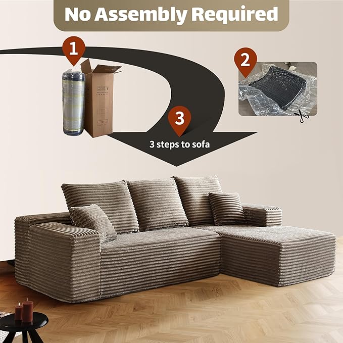HYJT H&K Modular Sectional Sofa Cloud Couch, 107" Comfy L Shaped Sectional Couches for Living Room, Deep Seat Memory Foam Plush Fluffy Corduroy Boneless Couch Sectionals Right Facing Sofa Chaise Brown-Ruum Studio Home