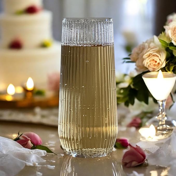 24 Pack Ribbed Ripple Stemless Toasting Glasses, Origami Durable 9 Oz BPA-Free Disposable Plastic Champagne Flutes for Weddings, Bars, Events, and Celebrations (Clear)-Ruum Studio Home