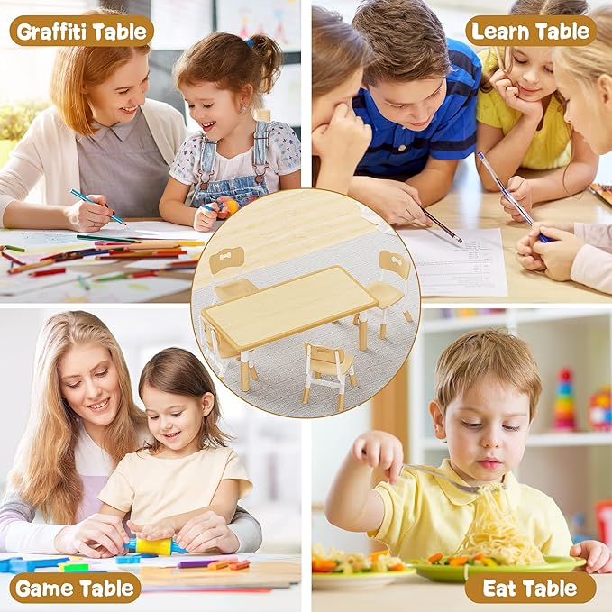 Brelley Kids Table and 4 Chairs Set, Height Adjustable Toddler Table and Chair Set, Graffiti Desktop, Non-Slip Legs, Max 300lbs, Children Multi-Activity Table for Ages 2-8-Ruum Studio Home