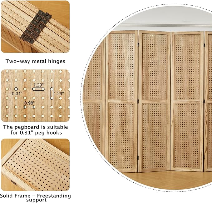 ‌Room Divider Freestanding Folding Pegboard Privacy Screen | 6-Panel Display Stand for Jewelry, Craft Shows, Retail | Natural Wood, Portable & Space-Saving Design-Ruum Studio Home