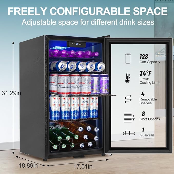 128 Cans Beverage Refrigerator Cooler, 3.2 Cu.Ft Mini Drink Fridge Glass Door for Drink Beer Soda Wine, Beer Fridge with 4 Removable Shelves for Kitchen Bedroom, Office Bar Gaming Room,Stainless Steel-Ruum Studio Home