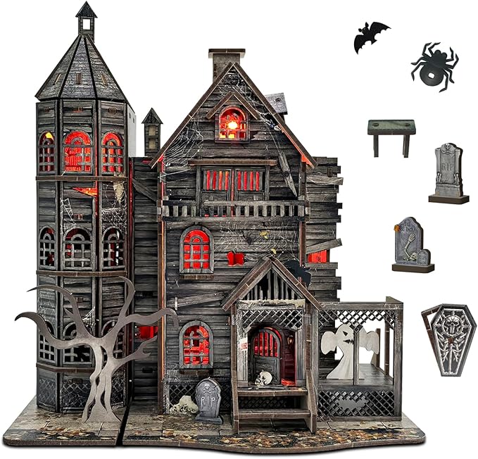 DIY Mini House Kit, Miniature Haunted House Kits with LED Accessories Furniture, 3D Wooden Puzzles for Adults, Dollhouse Craft Gifts for Girls, Boys, Teens-Ruum Studio Home