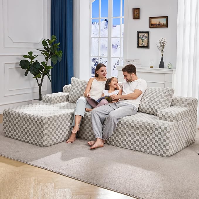 Hobestluk 96“ Modular Sectional Sofa Couches L-Shape Couch 3 Seat Modular Sofa Sectional Couches for Living Room, Cloud Couch with Oversized Chaise (Greygreen, Checked (Left Facing Chaise))-Ruum Studio Home