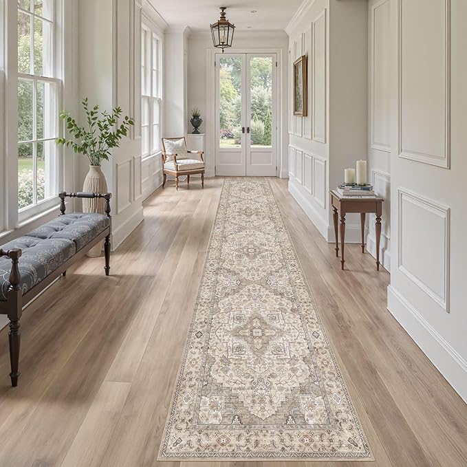 Washable 2.6x14 Runner Rug - Area Rugs Neutral Vintage Distressed Floral Farmhouse Boho Large Soft Floor Rug Indoor Carpet for Hallway Entryway Home - Brown/Multi-Ruum Studio Home