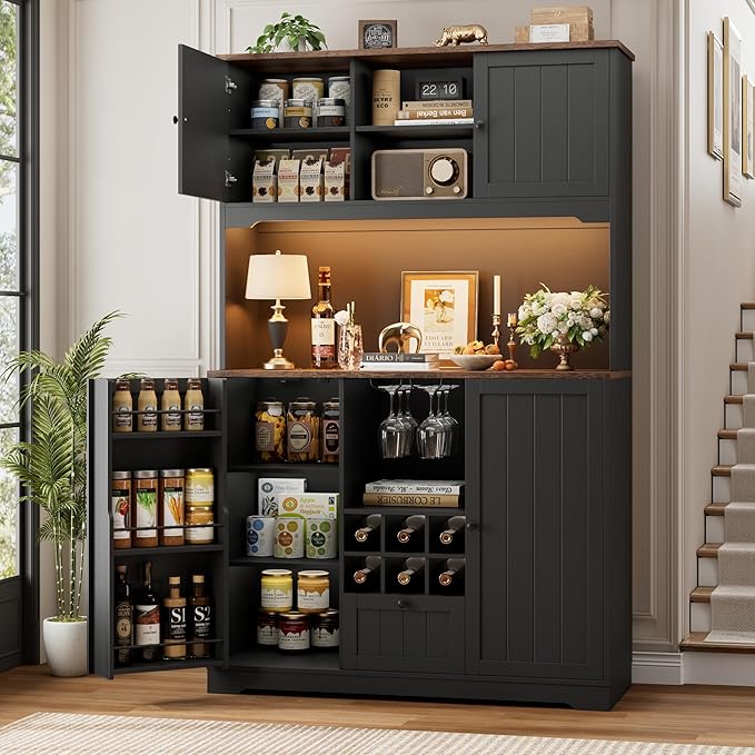 FINETONES 71" Pantry Cabinet with LED Light and Charging Station, Kitchen Pantry Cabinet with Microwave Stand, Kitchen Hutch Food Storage Cabinet with Outlet and Wine Racks, Black-Ruum Studio Home