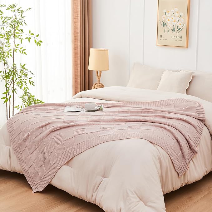 CozeCube Check Knit Throw Blanket, Pink Checkered Throw for Couch, Decorative Christmas Soft Cozy Warm Knitted Blanket for Bed Sofa Living Room, 50"X60"-Ruum Studio Home