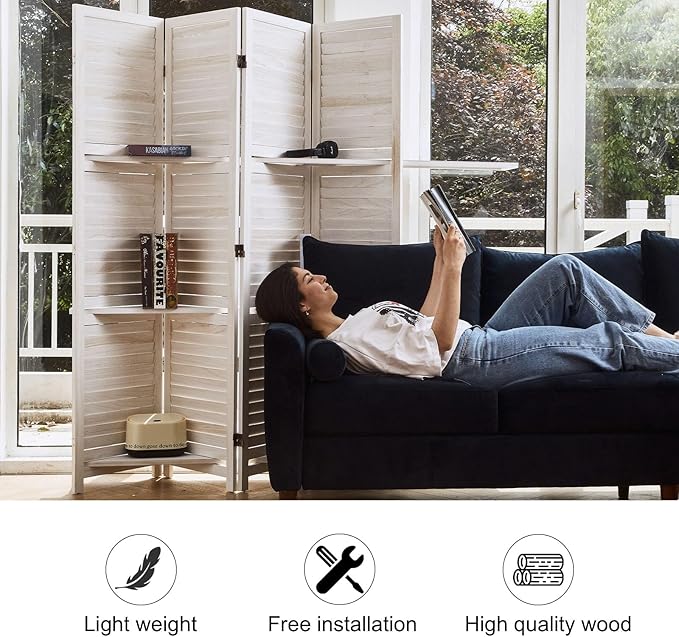 Room Divider with Shelves, 5.6 Ft Tall Folding Wood Screen with Double Hinges for Home Office Bedroom Hotel Decoration (4 Panels, White-Washed)-Ruum Studio Home