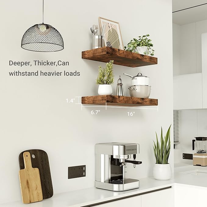 Floating Shelves for Wall, 16 inchs x 6.7” deep x 1.4” Bathroom Shelf Bedroom, Living Room, Kitchen, Farmhouse Decor, Rustic Wood Wall Shelves with Invisible Brackets - Set of 2, Rustic Brown-Ruum Studio Home