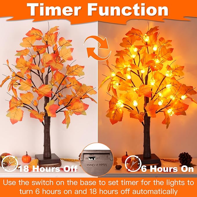 2 Pack 24 Inch Prelit Fall Maple Tree Fall Decor with 48 LED Timer Battery Operated Artificial Fall Light Up Tree Pumpkin Maple Acorn for Fall Thanksgiving Decorations Table Home Indoor Autumn Harvest-Ruum Studio Home