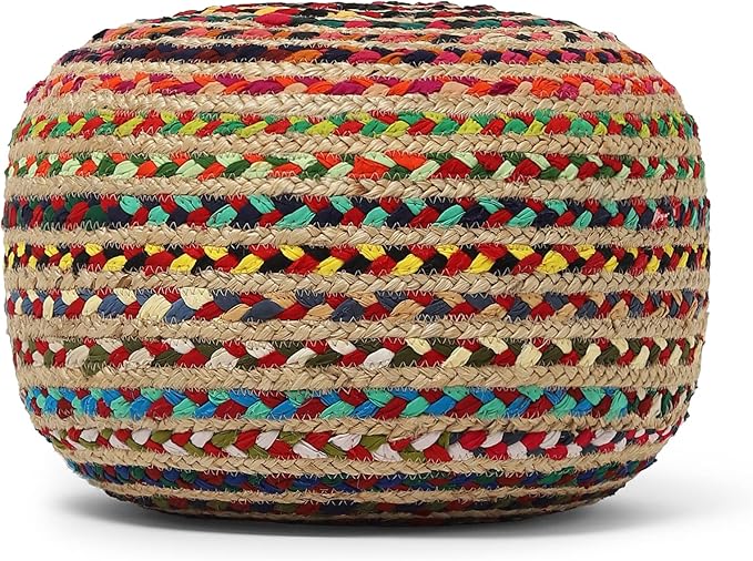 REDEARTH Round Pouf Ottoman - Braided Boho Poof Home Décor Pouffe Accent Sitting Circular Foot Rest for Living Room, Bedroom, Nursery, Kidsroom, Lounge; Jute and Cotton (19.5"x19.5"x14"; Multi)-Ruum Studio Home
