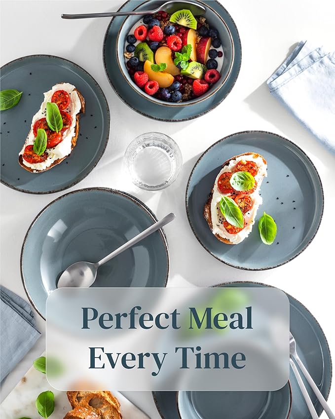 Stoneware dinnerware set 4 persons Rustic 16 pcs - Rustic design dinnerware set, dishwasher safe - Bowl and plate set - Pure Living dinnerware in smoky blue…-Ruum Studio Home