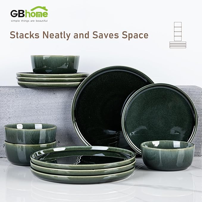 GBHOME Ceramic Dinnerware Sets for 6, 18 Pieces Stoneware Plates and Bowls Sets, Reactive Glaze Dishes -Scratch Resistant, Dishwasher&Microwave Safe, Earth Green-Ruum Studio Home