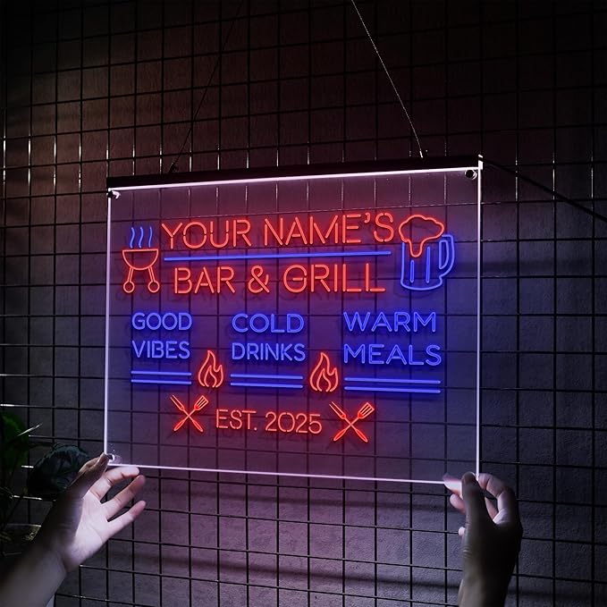 Personalized BBQ Neon Sign Custom Bar and Grill Sign Patio LED Lights Backyard Bar Signs for Men Outdoor Lighted Patio Acrylic Table Grilling Kitchen Home Garden Wall Decor-Ruum Studio Home