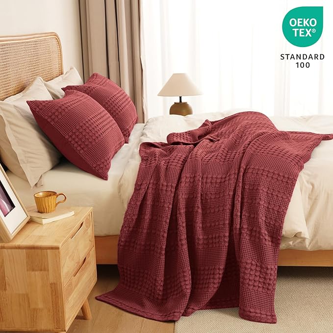 PHF 100% Cotton Waffle Weave Throw Blanket, Soft Lightweight Breathable Cozy Summer Throws for Couch Bed Sofa, Luxury Aesthetic Woven Blanket for Home Decor & Office, 50"x60", Wine Red-Ruum Studio Home