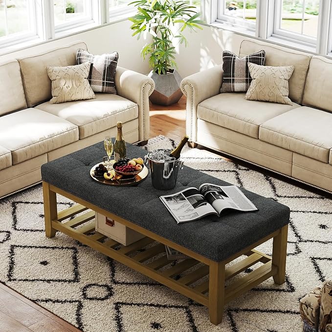 Large Rectangular Upholstered Ottoman Bench, Linen Tufted Footrest Ottoman with Solid Wood Shelf Storage Coffee Table for Bedroom Living Room, Dark Gary-Ruum Studio Home