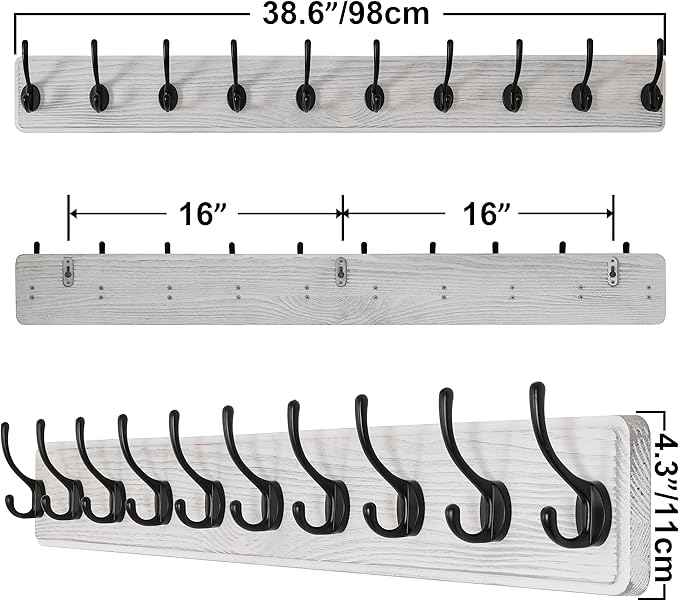 SKOLOO Rustic Wall Mounted Coat Rack, Case of 2, Pine Solid Wood Coat Hook Hanger - 10 Hooks for Hanging Clothes Robes Towels Coats-Ruum Studio Home