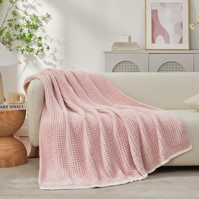 Snuggle Sac Ultra Soft Waffle Throw Blanket for Couch Bed Sofa 50x60 inches, Reversible Pink Blanket Microfiber Fluffy Fuzzy Cozy Knit Throws for Women Mothers Birthday Gifts-Ruum Studio Home