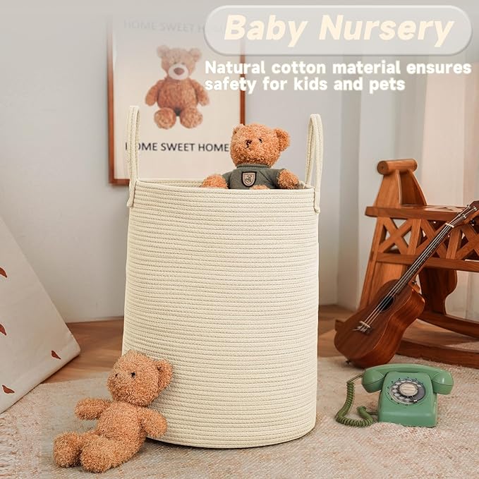 Large Woven Laundry Basket Hamper,80L Cotton Rope Storage Bin for Blankets,Toys and Clothes,Decorative Tall Nursery Hamper for Living Room,Baby Nursery,Bathroom and Bedroom,Beige-Ruum Studio Home