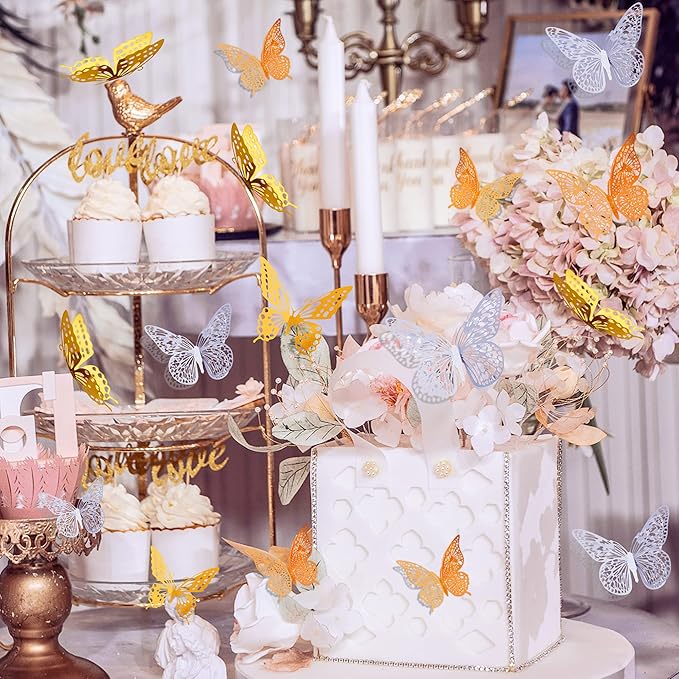 SAOROPEB 3D Butterfly Wall Decor, 72 Pcs 3 Styles 3 Sizes, Removable Metallic Wall Decor Sticker Room Mural Decals for Kids Bedroom Nursery Classroom Party Decoration Wedding Decor DIY Gift (3 Color)-Ruum Studio Home