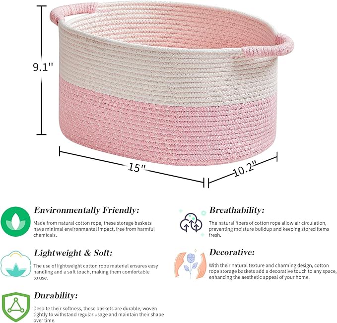 Storage Baskets for Organizing | 15"x10.2"x9.1" - 1 Pack Nursery Bin with Handles - Woven Cotton Rope Baskets for Dog Toys, Books, Shelf, Bathroom,Closet -Pink Basket for Girls-Ruum Studio Home