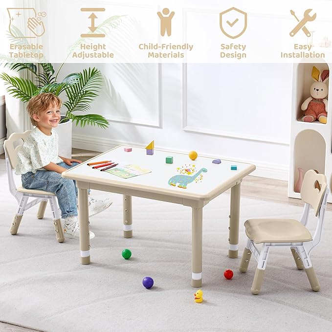 Kids Table and 2 Chairs Set, Height Adjustable (17.7"-26.1") Toddler Table and Chair Set, Multi-Activity Table with Graffiti Desktop, Children’s Table and Chairs for Classroom, Home & Daycare-Ruum Studio Home