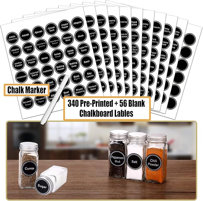SWOMMOLY Spice Rack Organizer with 36 Empty Square Spice Jars, 396 Spice Labels with Chalk Marker and Funnel Complete Set, for Countertop, Cabinet or Wall Mount,Silver-Ruum Studio Home