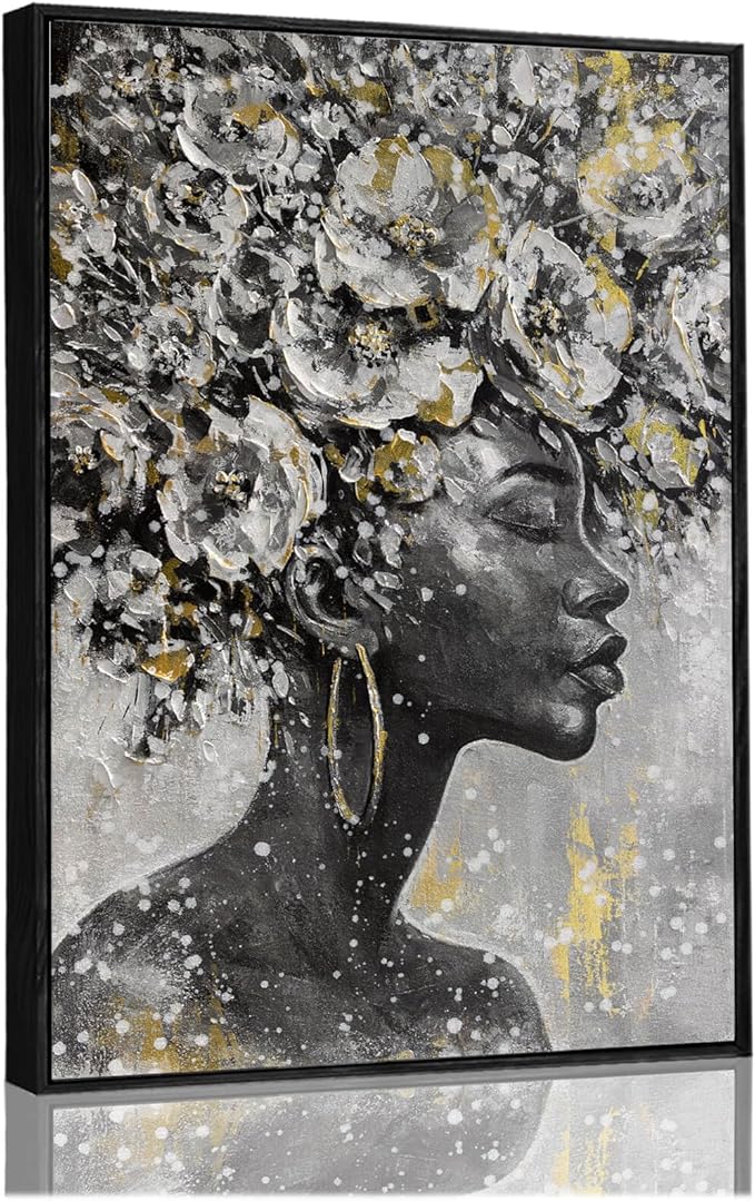 Large Black and Gold African American Wall Art with Framed Black Woman Office Bedroom Living Room Poster Home Hanging Decor 32x48 Inch-Ruum Studio Home