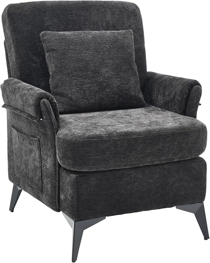 KCC Mid-Century Accent Chairs,Chenille Modern Upholstered Single Sofa,Cozy Armchair with Back for Bedroom/Office/Cafe,Black-Ruum Studio Home