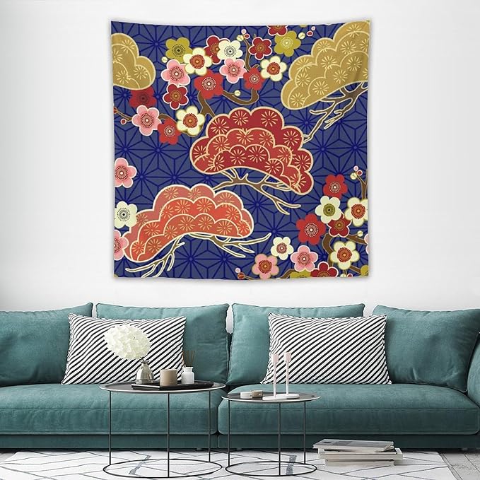 HZOHNAGO Japanese Tapestry Art Abstract Colorful Cherry Blossom Blue Background Pattern Printed Wall Tapestry Painting Wall Hanging for Bedroom Living Room Dorm 60" W x 60" H-Ruum Studio Home