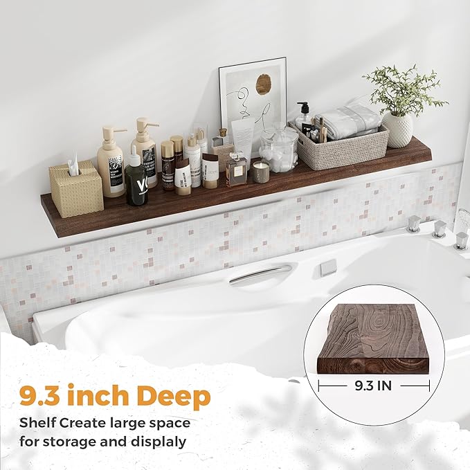 RICHFOCUS Live Edge Elm Floating Shelves - 55" W x 9.3" D Rustic Solid Wood Wall Shelves with Invisible Bracket, Wall-Mounted for Living Room, Bedroom, Kitchen Storage & Display, Set of 1, Walnut-Ruum Studio Home
