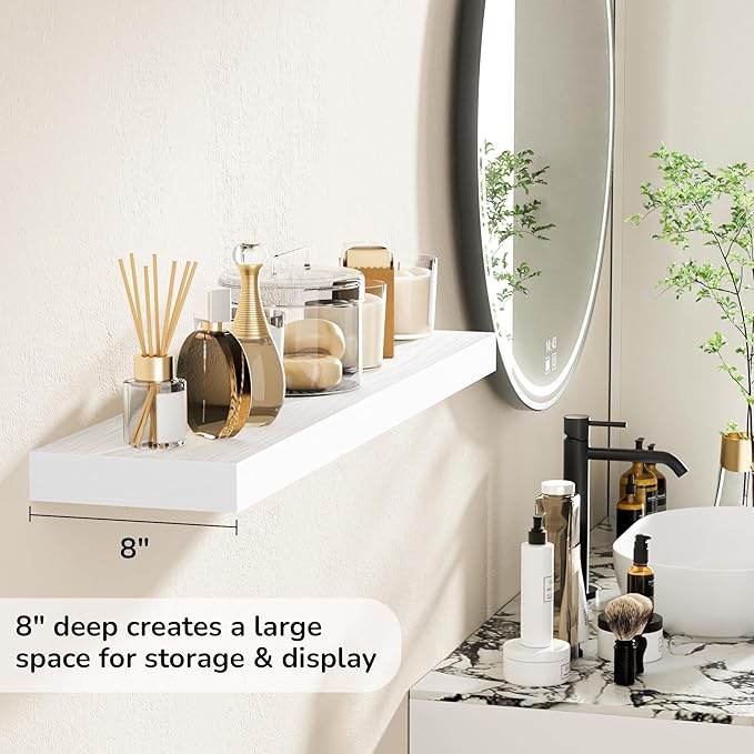 Fun Memories 36 Inch Floating Shelves - Deep Rustic White Wooden Wall Shelves - Extra Deeper & Thicker Wall Mounted Storage Shelf for Bedroom, Kitchen, Farmhouse - 2 Pack, Rustic White-Ruum Studio Home
