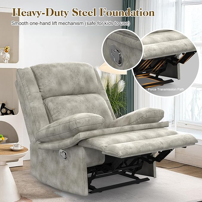 Recliner Chair for Adults, Oversized Manual Pull Tab Reclining Chair, 2-Tier Cushions, Minimalist Style Single Sofa for Living Room, RV (Polished Microfiber)-Ruum Studio Home