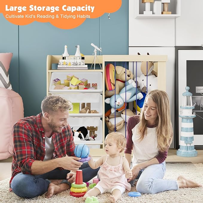 Kids Toy Storage Organizer with 3 Removable Plastic Bins Toddler Montessori Bookshelf with Stuffed Animal Net Holder Baby Bookcase Plush Organizer for Playroom, Bedroom,,Kids Room,Classroom,Nursery-Ruum Studio Home
