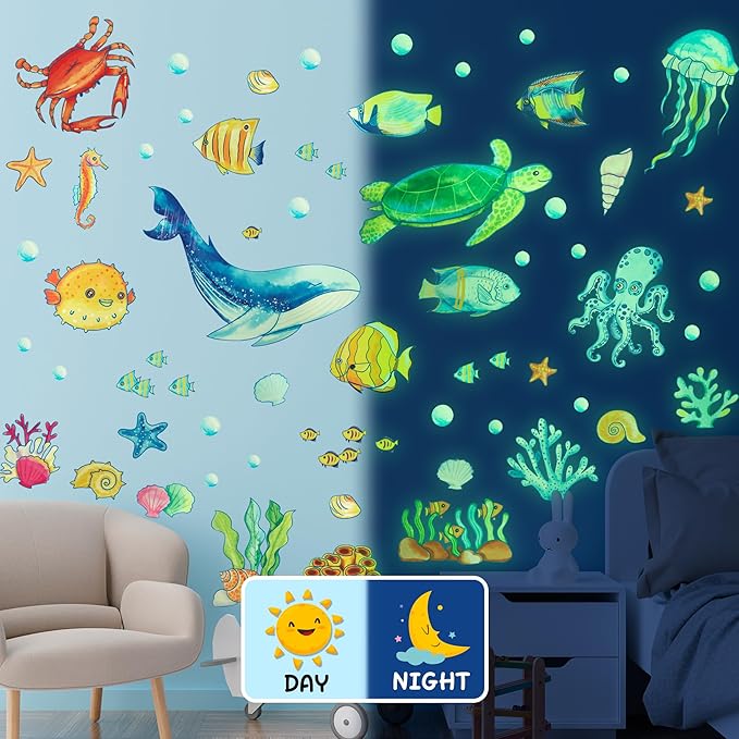 Ocean Fish Wall Decals Glow in The Dark, Removable Sea Turtle Wall Stickers, Luminous Wall Decor for Nursery Playroom Bedroom, Birthday Christmas Gift Decoration-Ruum Studio Home