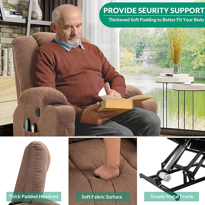 VIVIJASON Power Lift Chair Electric Recliner for Elderly Heated Vibration Massage Fabric Recliner Chair with 2 Remote Controls, Cup Holders, Side Pockets & USB Ports for Living Room (Coffee)-Ruum Studio Home