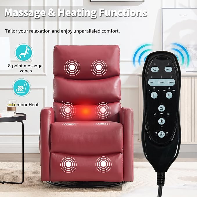 Manual Swivel Rocker Recliner Chair for Adults, Overstuffed Reclining Glider Chair for Nursing with Vibration Massage & Heat, Living Room Rocking Recliner 3-Stage backrest, Faux Leather Red-Ruum Studio Home