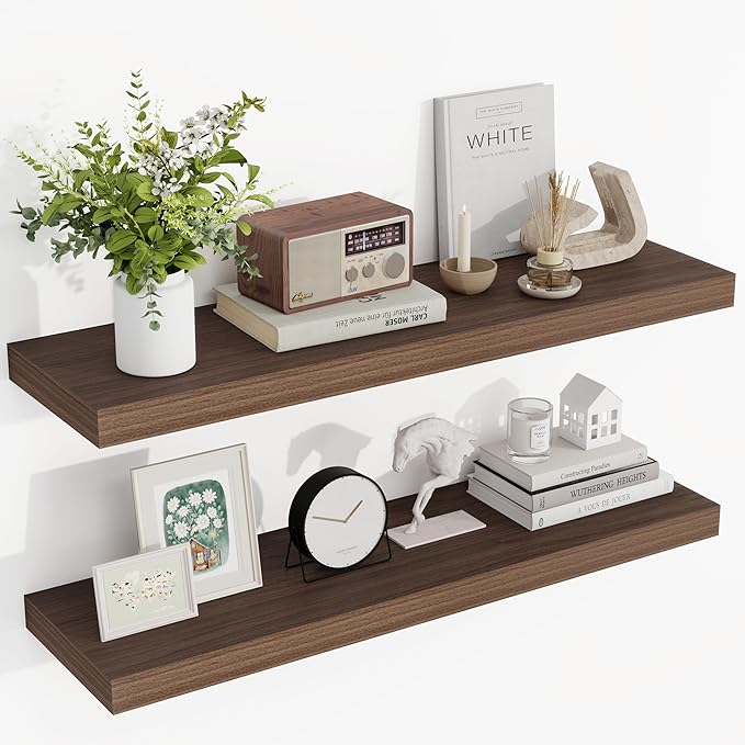 36 Inch Floating Shelves, 36"x9.25"x1.5" Inch Deep Floating Shelves for Wall, Wooden Shelves for Bathroom, Bedroom, Living Room, Walnut-Ruum Studio Home