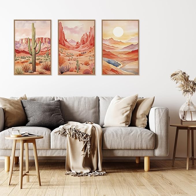 HLNIUC Boho Desert Plant Framed Canvas Wall Art Set,Southwestern Sun Mountain Wall Decor,Cactus Sunset Landscape Wall Painting,Watercolor Abstract Desert Art Prints for Living Room,Bedroom - 16”x24”x3-Ruum Studio Home