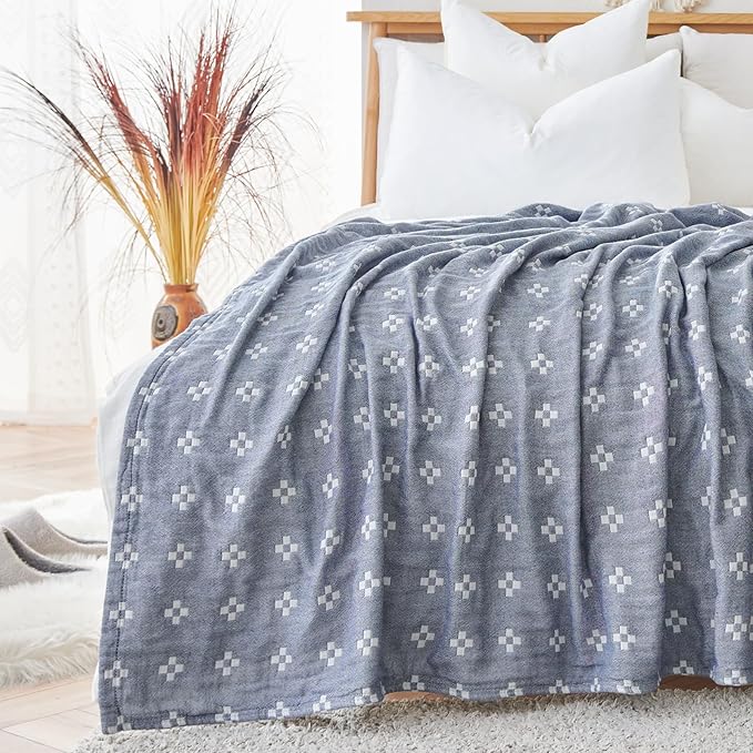 jinchan Boho 100% Cotton Blanket Muslin Lightweight Twin Size Quilted Throw Blanket for Couch Soft Cozy All Season Blanket 3-Layer Floral Throw Cotton Blanket for Bedroom Decor Blue 60x80 Inches-Ruum Studio Home