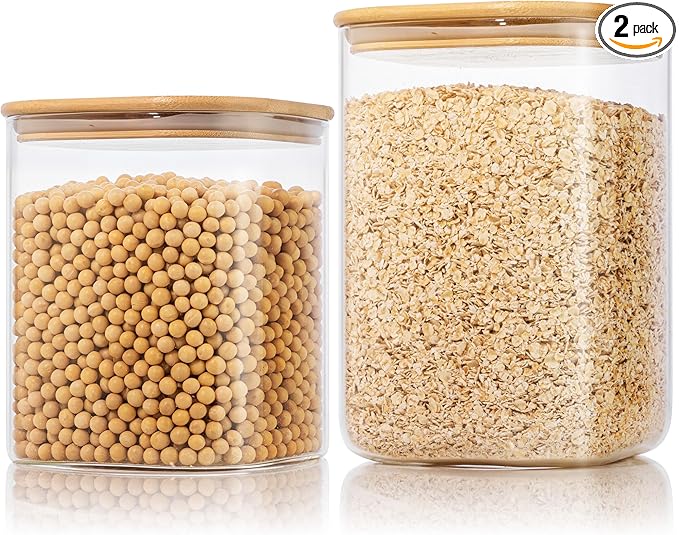 Extra Large Square Glass Flour & Sugar Storage Containers with Airtight Lids, 132 floz & 63 floz - 2 Pack Glass Jars with Bamboo Lids, Air tight Food Storage Containers for Cereal, Pasta, Rice-Ruum Studio Home