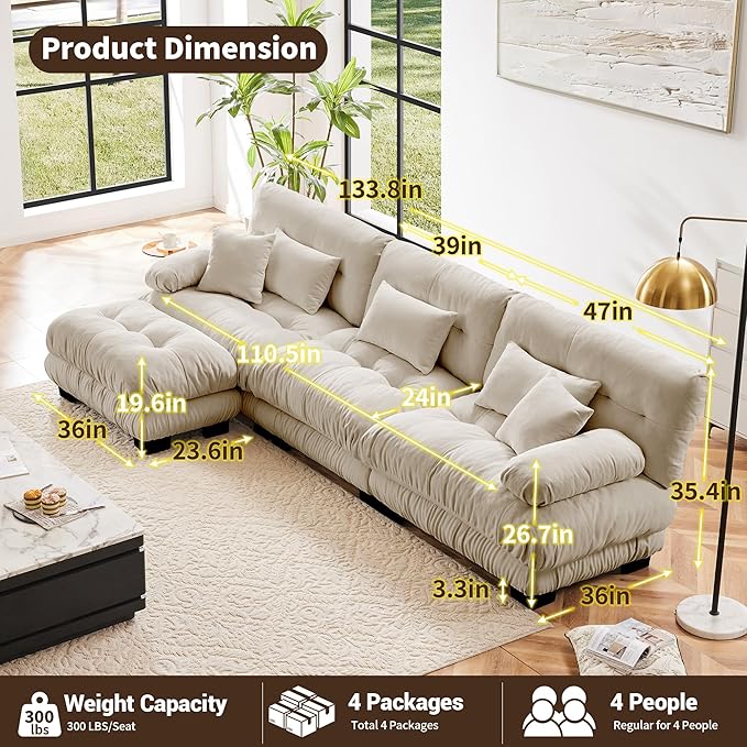 L Shaped Couch Sectional Couch, 3-Seater Cloud Couch Sectional Oversized Couch, Sofa Bed Couch with Round Bolster Armrests 5 Pillows, Modular Couch Home Sofa Living Room Couch-Ruum Studio Home