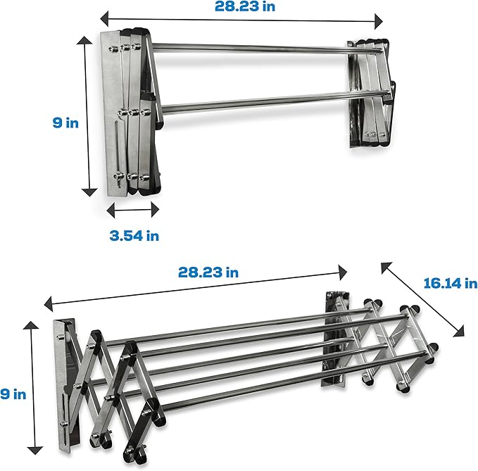 AERO W Racks Stainless Steel Wall Mounted Collapsible Laundry Clothes Drying Rack 45 Pound Capacity 11 Linear Ft-Ruum Studio Home